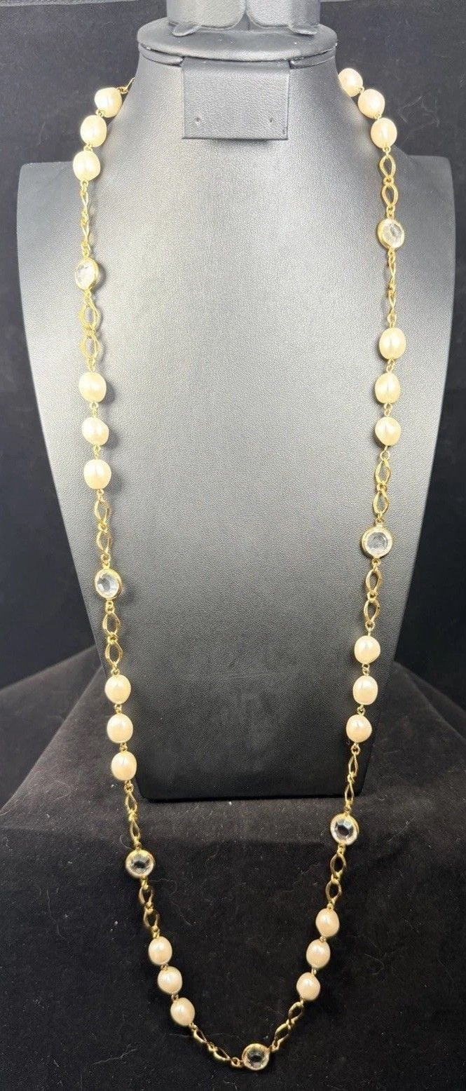 Vintage Faux Pearl Station Chain Necklace Bezel Set Crystal Drop Accents Gold 3