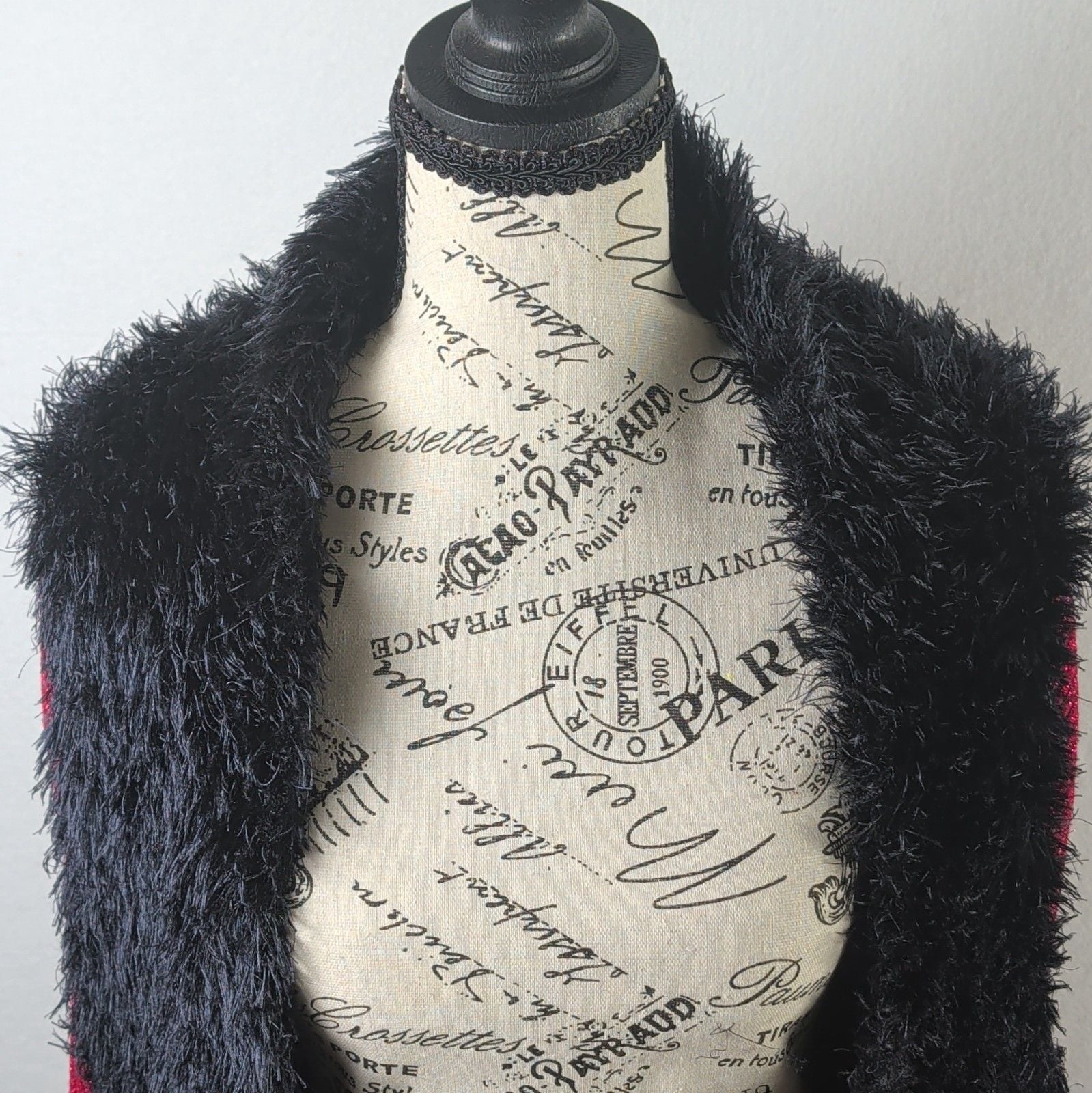 Lauren Michelle Red Black Knit Open Front Faux Fur Trim Cardigan Sweater XL 3