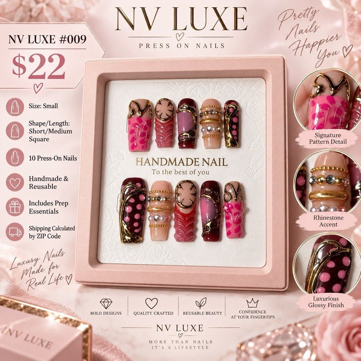 Reusable Pink Gold Press On Nails Size S Square Rhinestone 3D Set #009 2