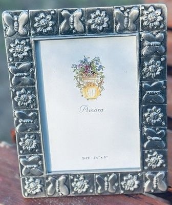 VTG NOS Amora Signed Pewter Butterfly Sunflower Geometric Picture Frame 3.5 x 5” 4
