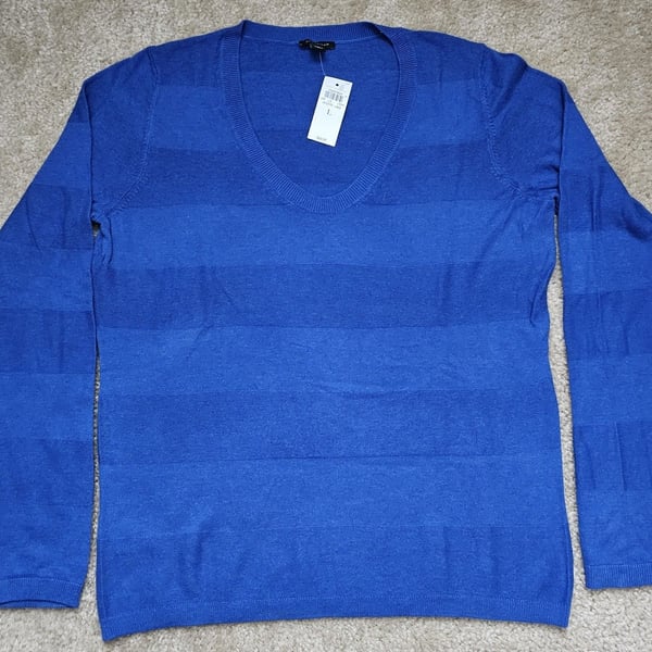 NWT Ann Taylor Blue Scoop Neck Striped Lightweight Sweater Women's L $69
