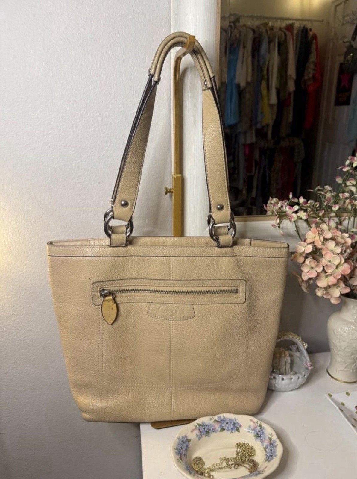 Coach Penelope F14683 Cream Pebbled Leather Tote Shoulder Bag Silver Hardware 2