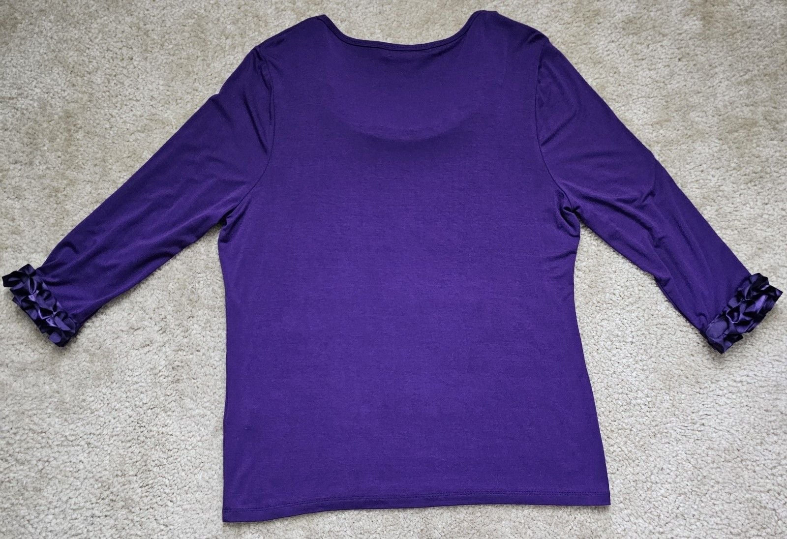 August Silk Women's XL Purple 3/4 Sleeve Top Satin Ruffle Rosette Trim Scoop Nec 7