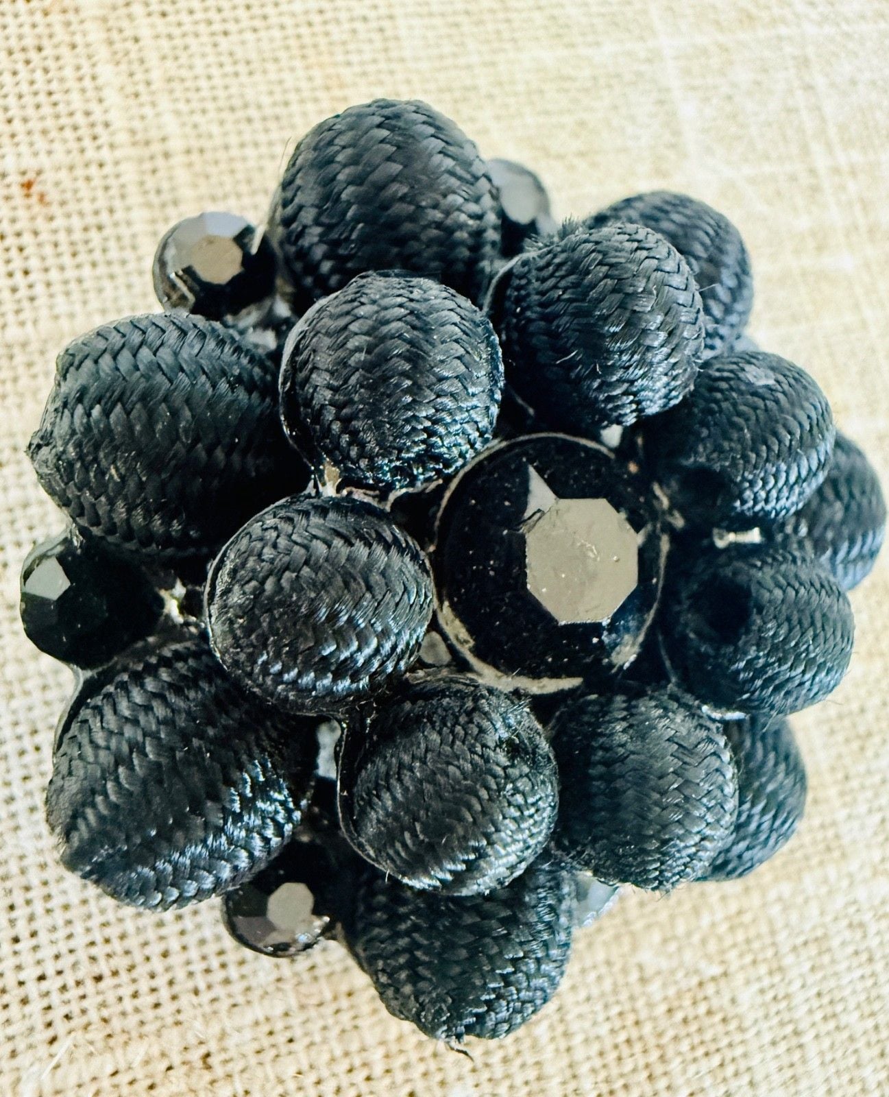 Vintage Mid-Century Black Cluster Beaded Fabric Buttons Set of 2 Statement 3