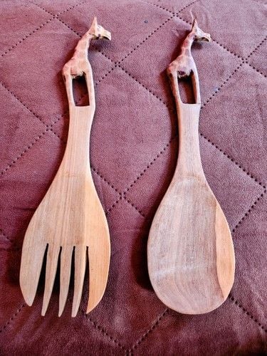 Hand Carved Salad Servers Teak Giraffe Decor 1