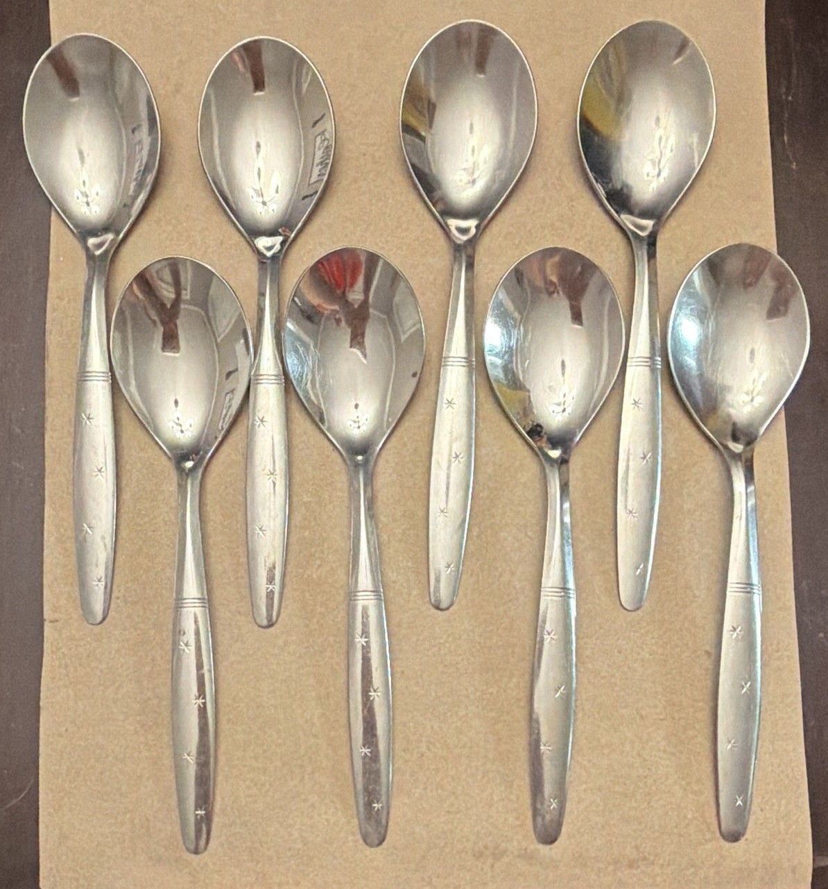 Starflyte Washington Forge Stainless Starburst Oval Soup Spoons MCM 8-pc VTG 1