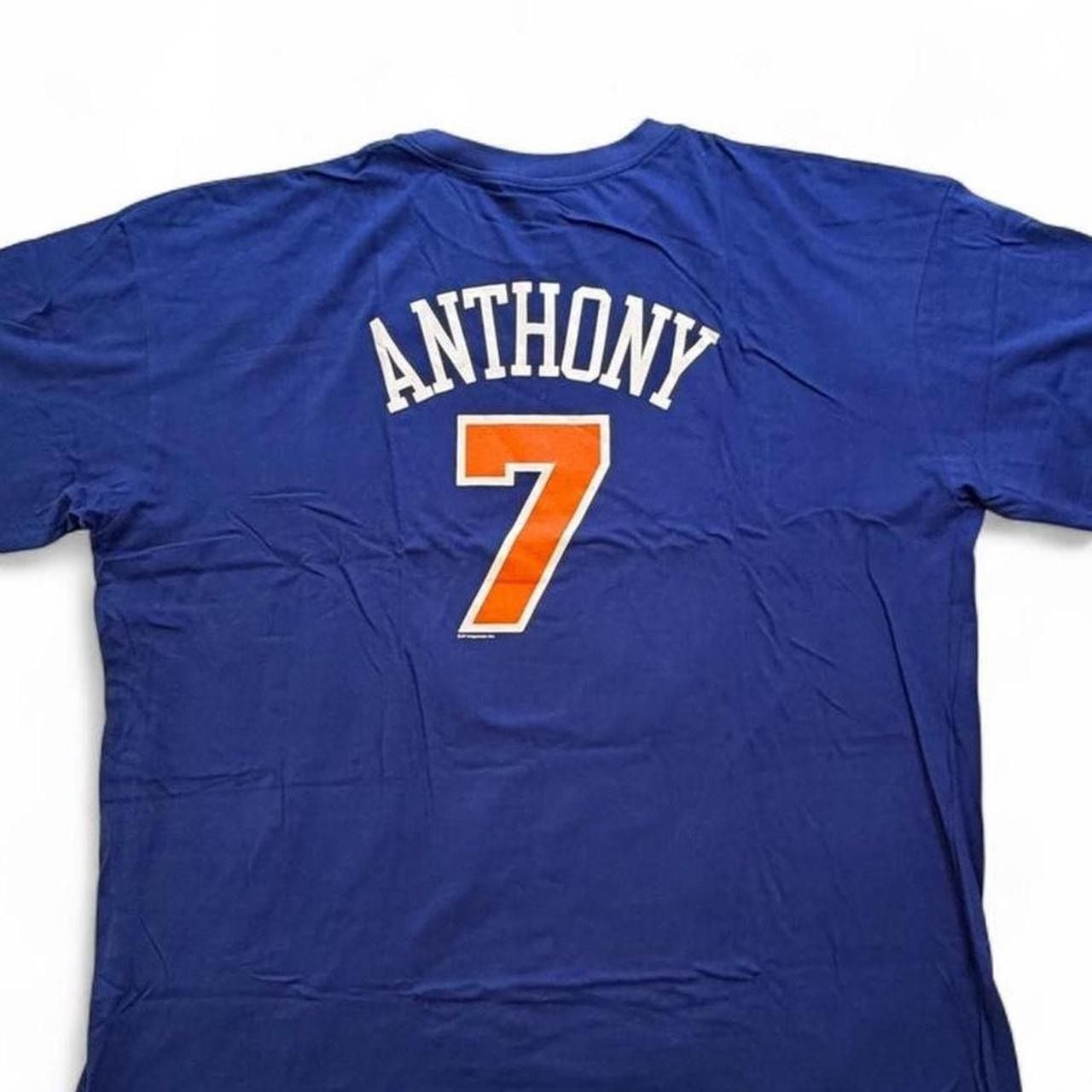 NBA New York Knicks blue t-shirt with orange basketball graphic number 7!Anthony on the back size 4XL big & tall dimensions in the pictures brand new with tags. 7