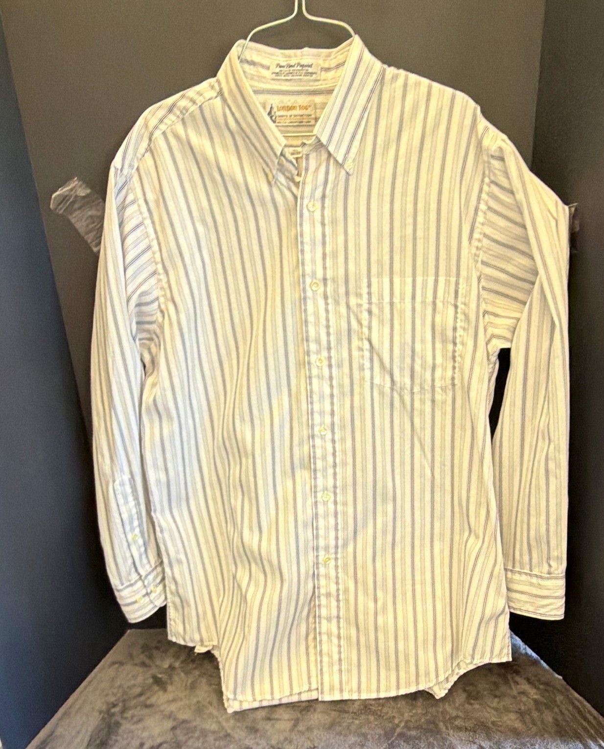 London Fog Men's 16.5 32/33 White/Blue Striped Dress Shirt Button Cotton Blend 2