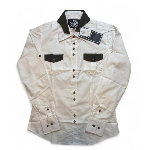 Log wear men’s black-and-white button shirt size medium dimensions are in the pictures brand new with tags.