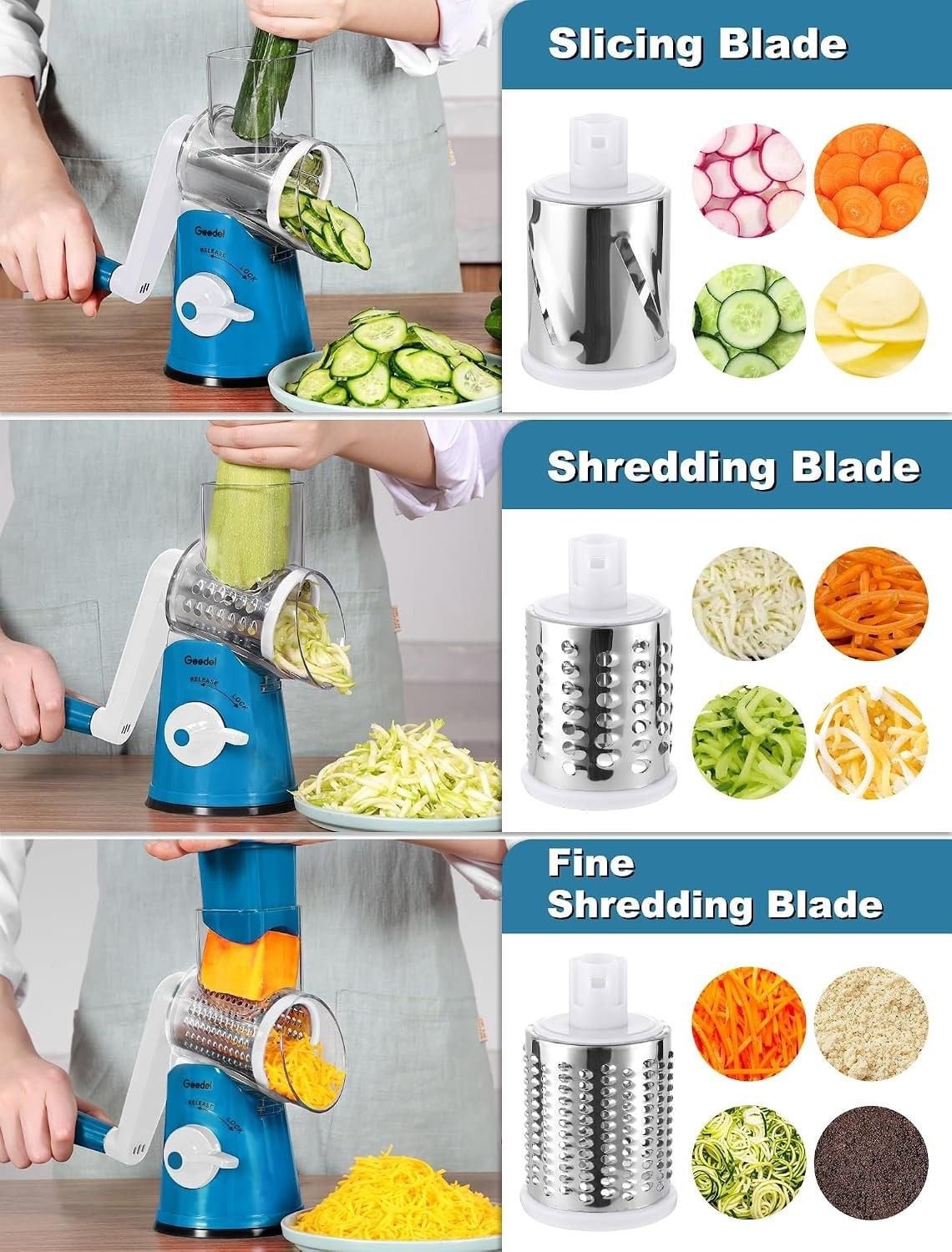 Geedel Rotary Cheese Grater Hand Crank, Cheese Shredder Vegetable Slicer 6