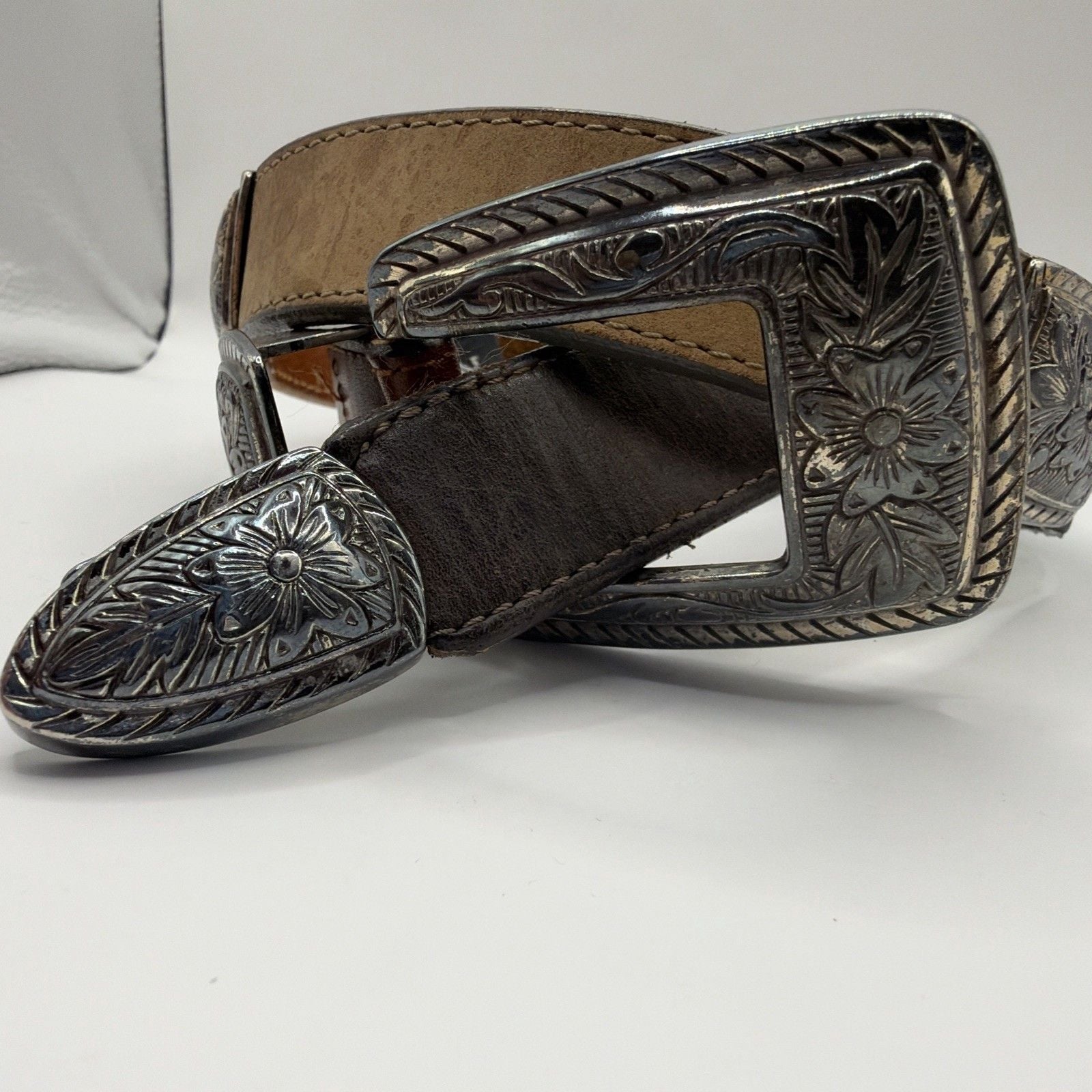 Brighton S4560 1994 woman's brown black leather belt ~ Length 34” ~ Made in USA 3