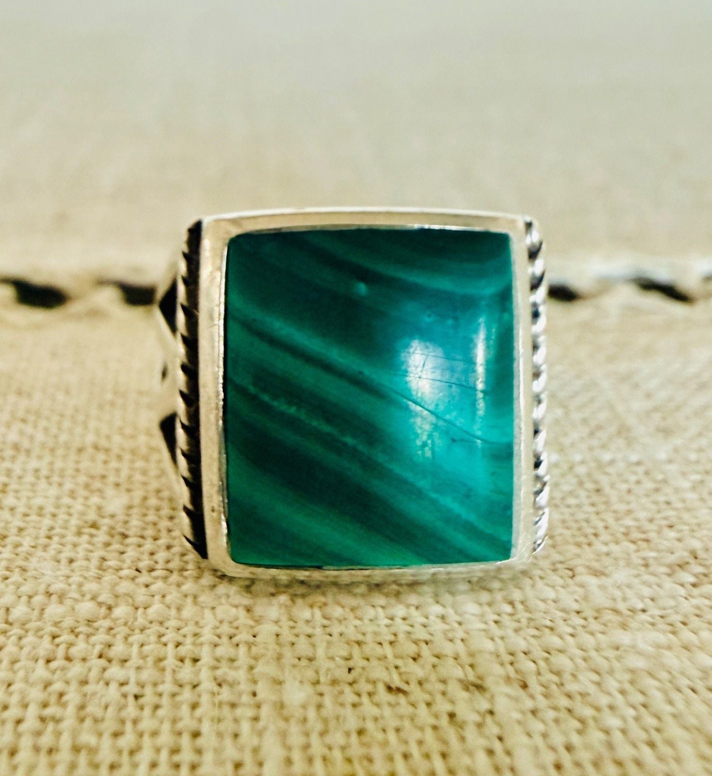 Sterling Silver Large Square Malachite Ring Southwestern Size 7 Statement 2