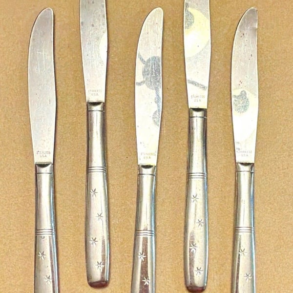 5-pc Washington Forge Starflyte Dinner Knives Stainless Steel Flat Handle VTG