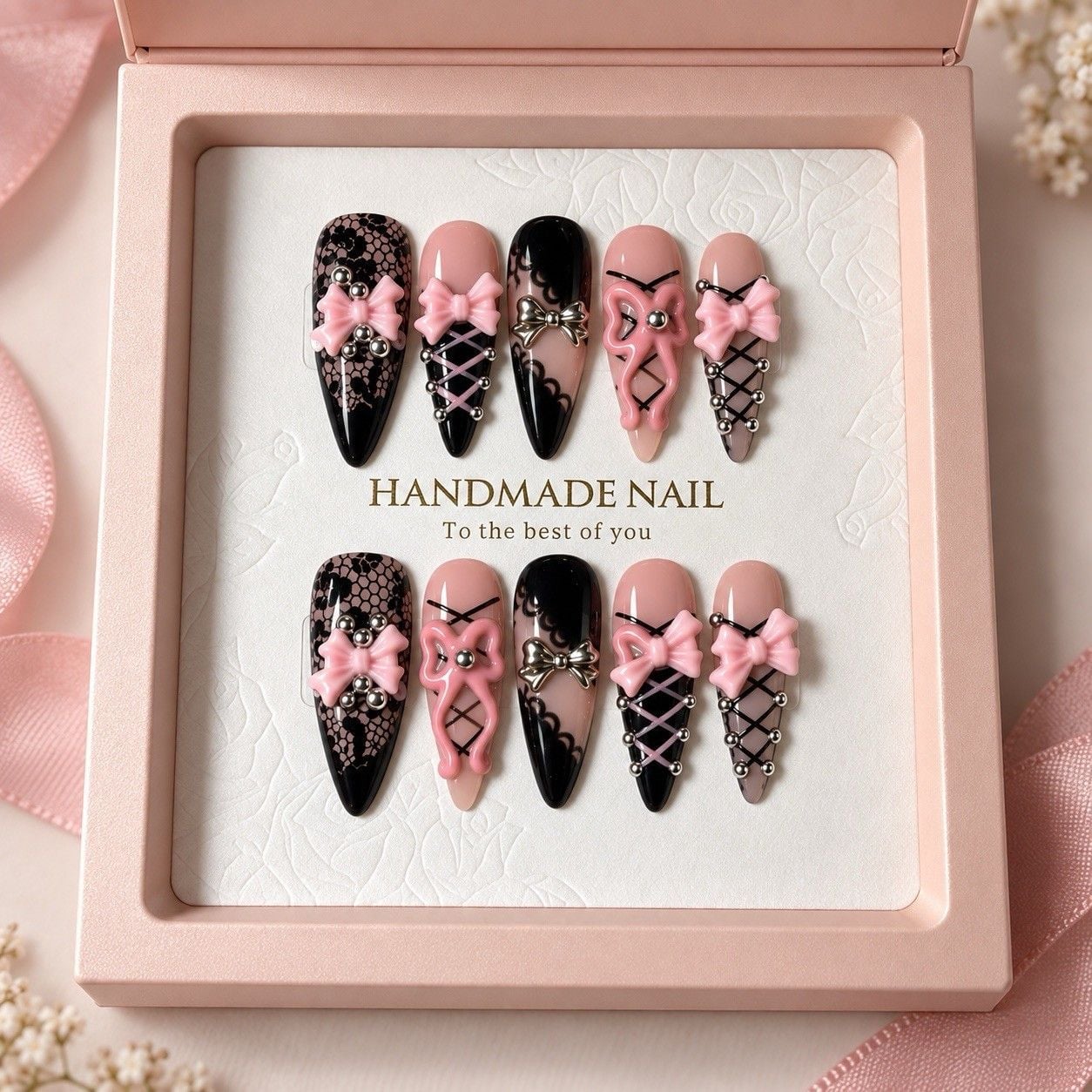 Reusable Pink Black Lace Bow Press On Nails Size S Almond Set #006 1