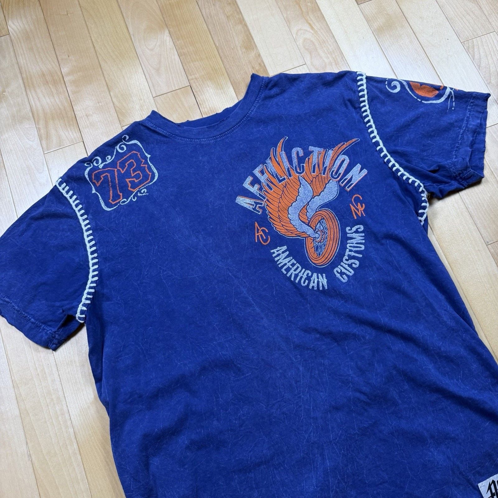 Affliction American Customs T Shirt Mens M Blue Motorcycle 1973 Y2K Made USA 3