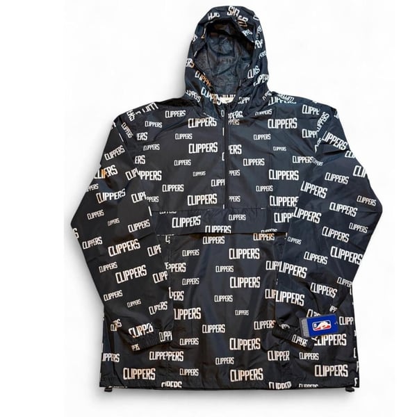 NBA LA Clippers black windbreaker with white 'CLIPPERS' text repeating across the fabric size XLT dimensions in the pictures brand new with tags.
