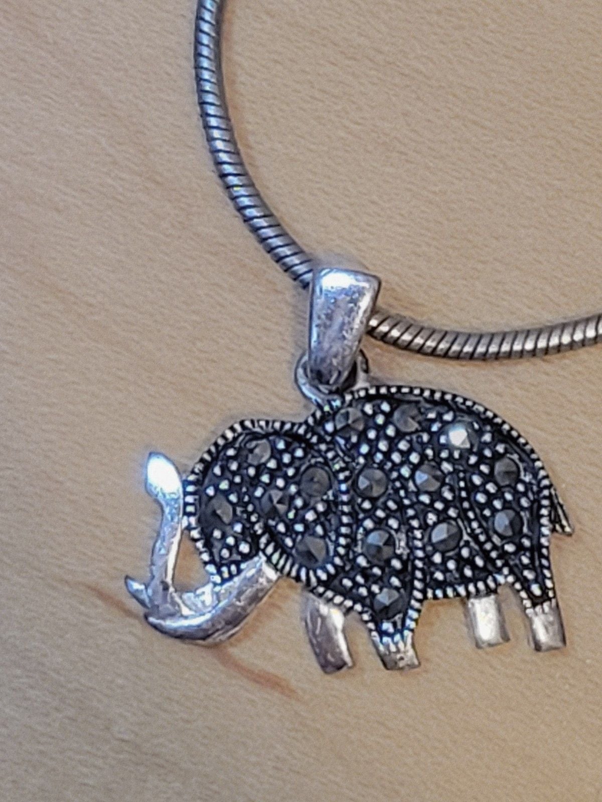 925 Sterling Silver Marcasite Elephant Charm Snake Chain Bracelet Vintage 2