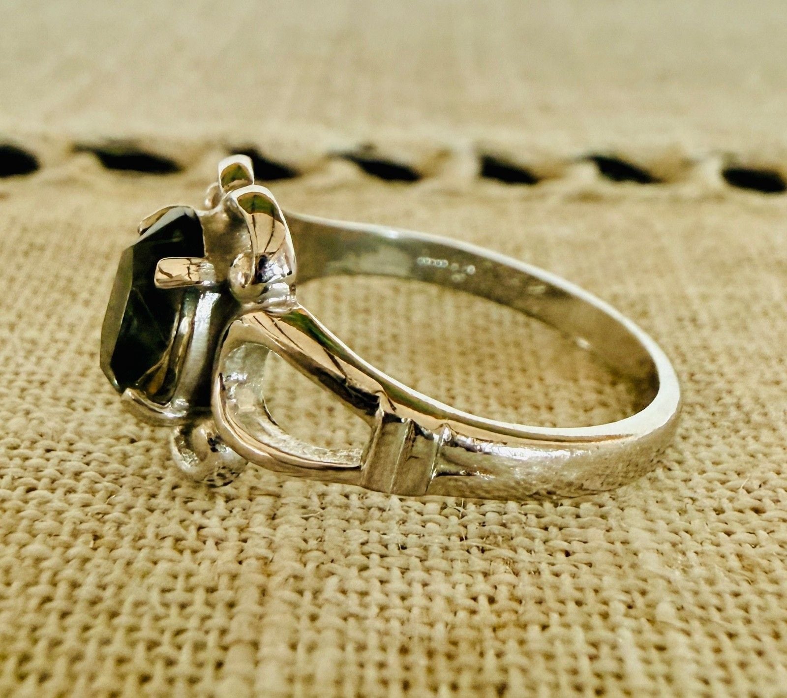 Vintage Rhodium Electroplate Ring Smoky Stone Pierced Shoulders Size 6.5 10