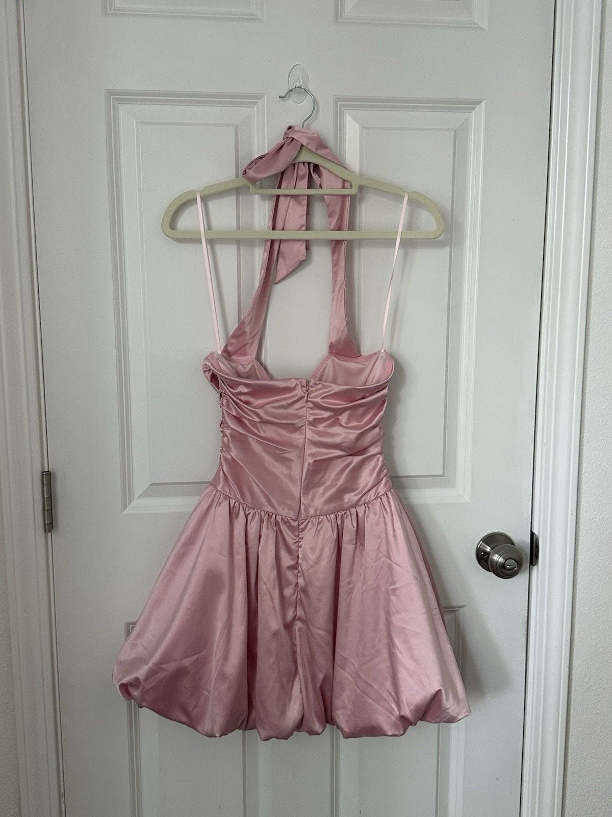 Angel Biba Pink Satin Ruched Halter Mini Dress XS Bow Accent Zip Closure 8