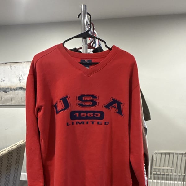 Limited Red Cotton Polyester V Neck Pullover Sweater Graphic Print Men's L-0029