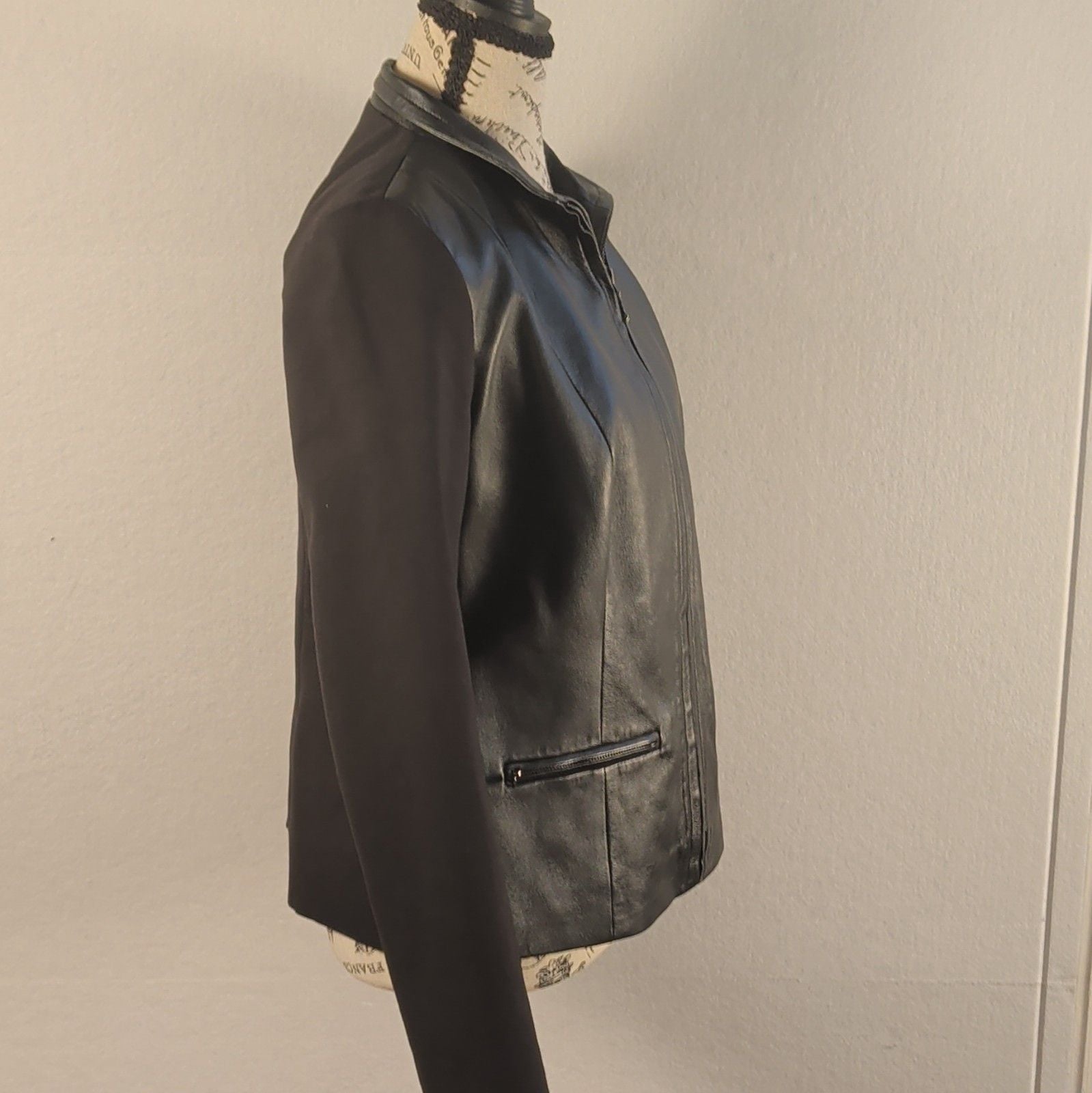 Talbots Petites Womens Black Leather Zip Front Jacket Collared Pockets 8P 10