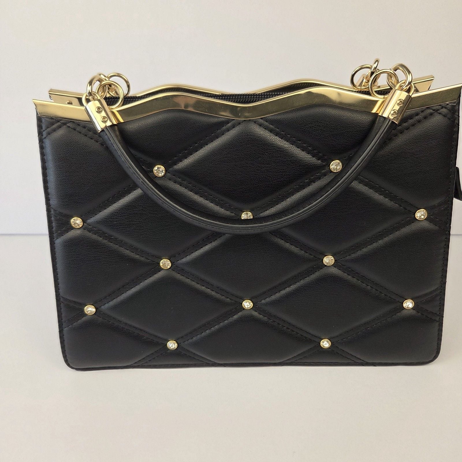 Grossi Black Quilted Rhinestone Handbag Purse Wavy Gold Frame Vintage 4