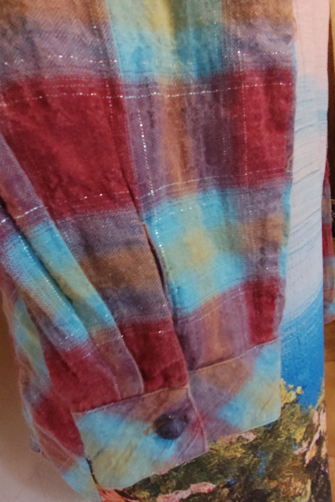 Aratta Pink & Blue Boho Plaid Button Down w Beautiful WaterColor Seascape Sz S 13