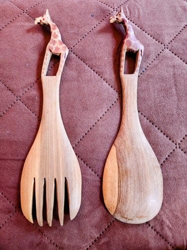 Hand Carved Salad Servers Teak Giraffe Decor 2