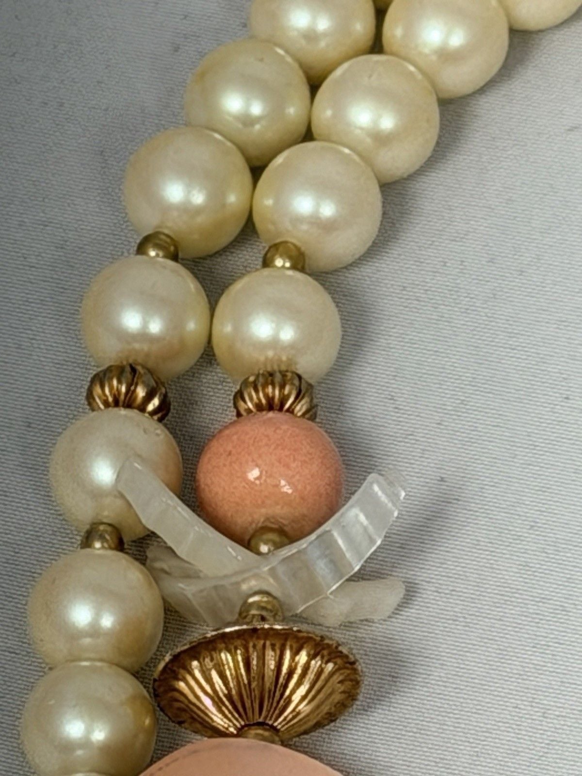 Vtg Mother Of Pearl Carved Bird Statement Necklace Faux Pearl Coral Multi Strand 9