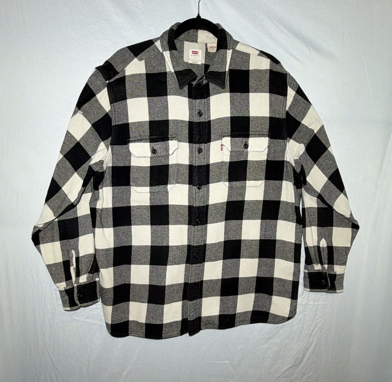 Mens Levi's Black & White Plaid Flannel Long Sleeve Button Up Shirt Size L 2