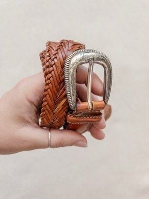 Talbots Vintage Brown Braided Woven Leather Belt Silver Western Buckle Boho LRG 9