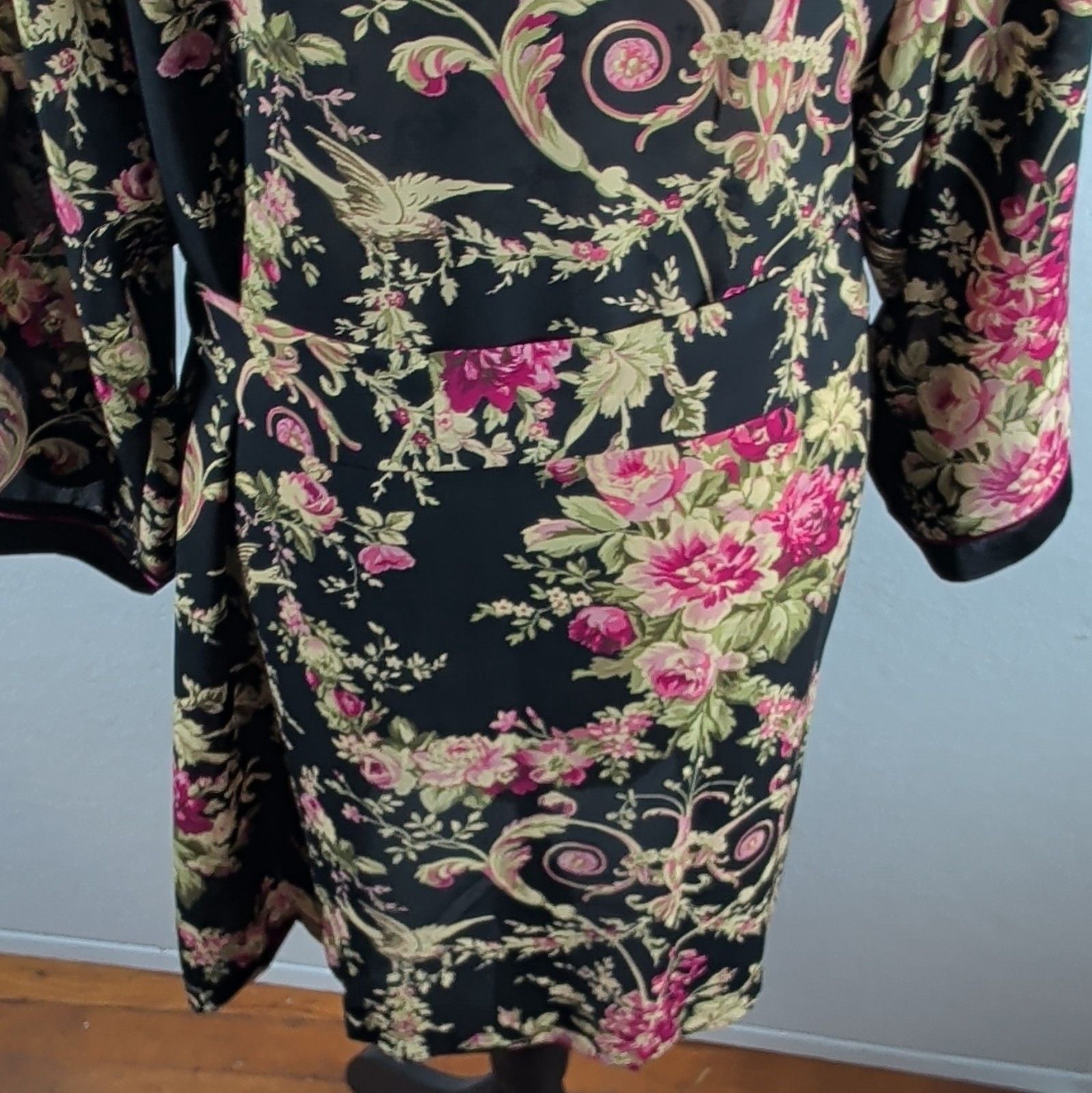 Oscar de la Renta Pink Label Floral Bird Kimono Robe Satin Look Black L XL Poly 9