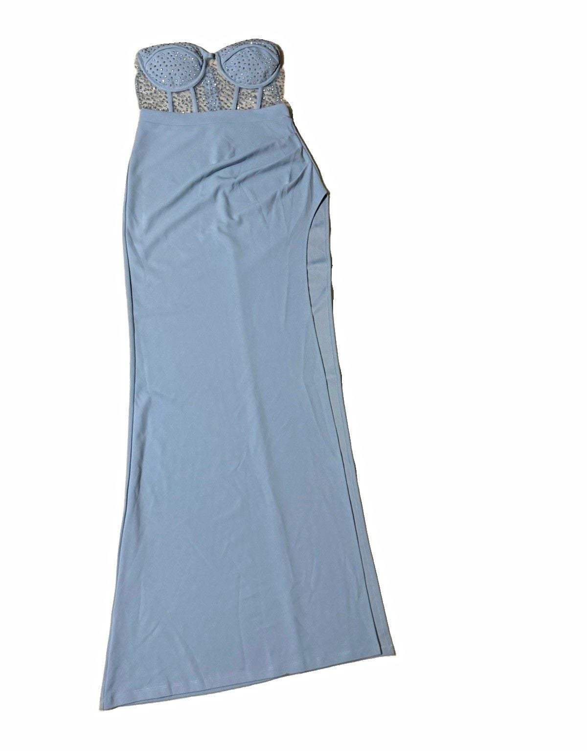 Blue Strapless Sweetheart Mesh Rhinestone Maxi Dress Built-In Bra 2