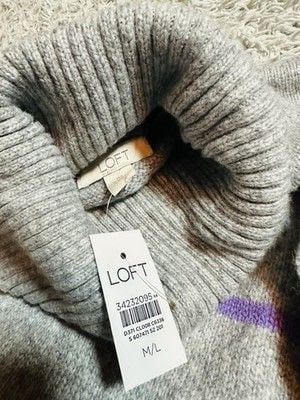 LOFT Oversized Soft & Cozy Gray Striped Turtleneck Poncho Sweater Medium Large 6