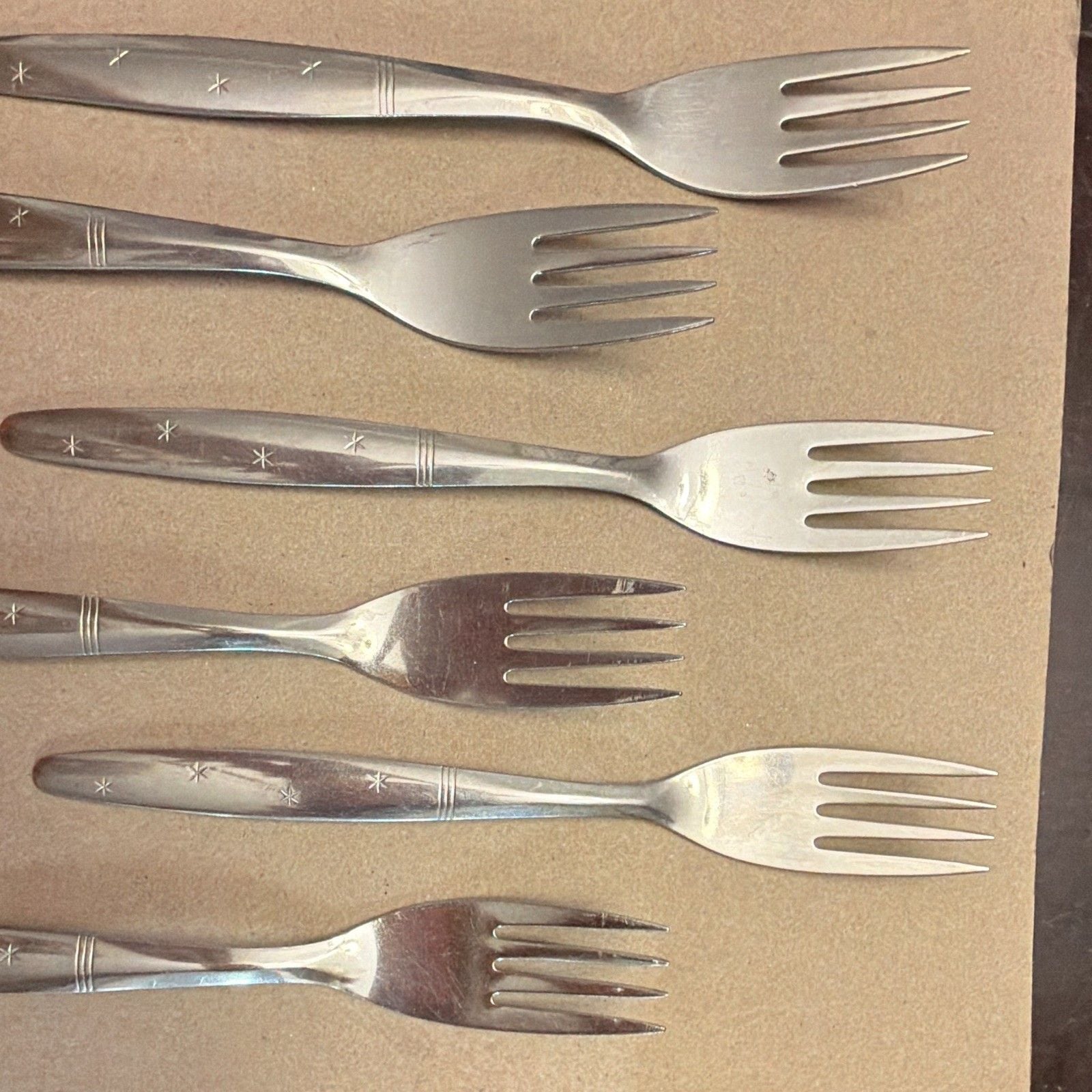Starflyte Washington Forge Stainless Starburst 7.5”Dinner Forks MCM 6-pc VTG 2