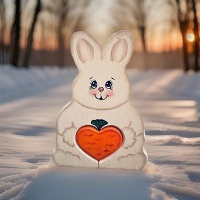 Vintage Handmade Hand Carved Wooden Bunny Shelf Sitter With Cut Out Heart Carrot 11