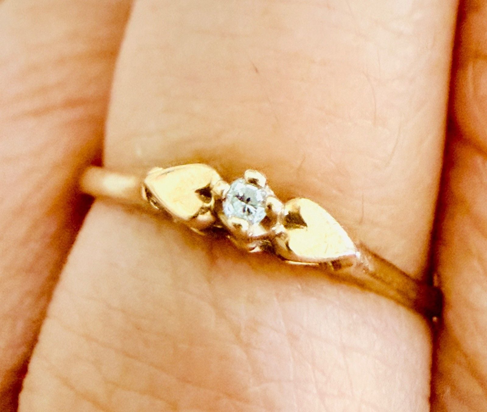 Antique 10K Gold Diamond Double Heart Size 8 Promise Solitaire Ring 6