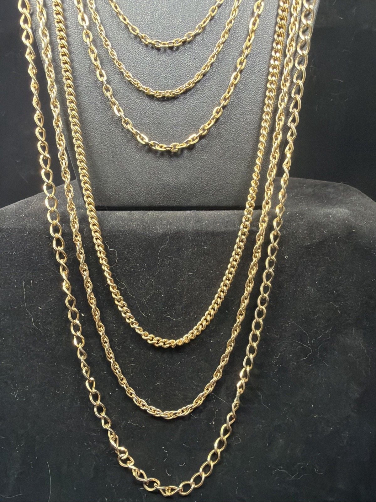 Vintage Multi Strand Gold Tone Layered 6-Chain Necklace Ornate Clasp Set 4
