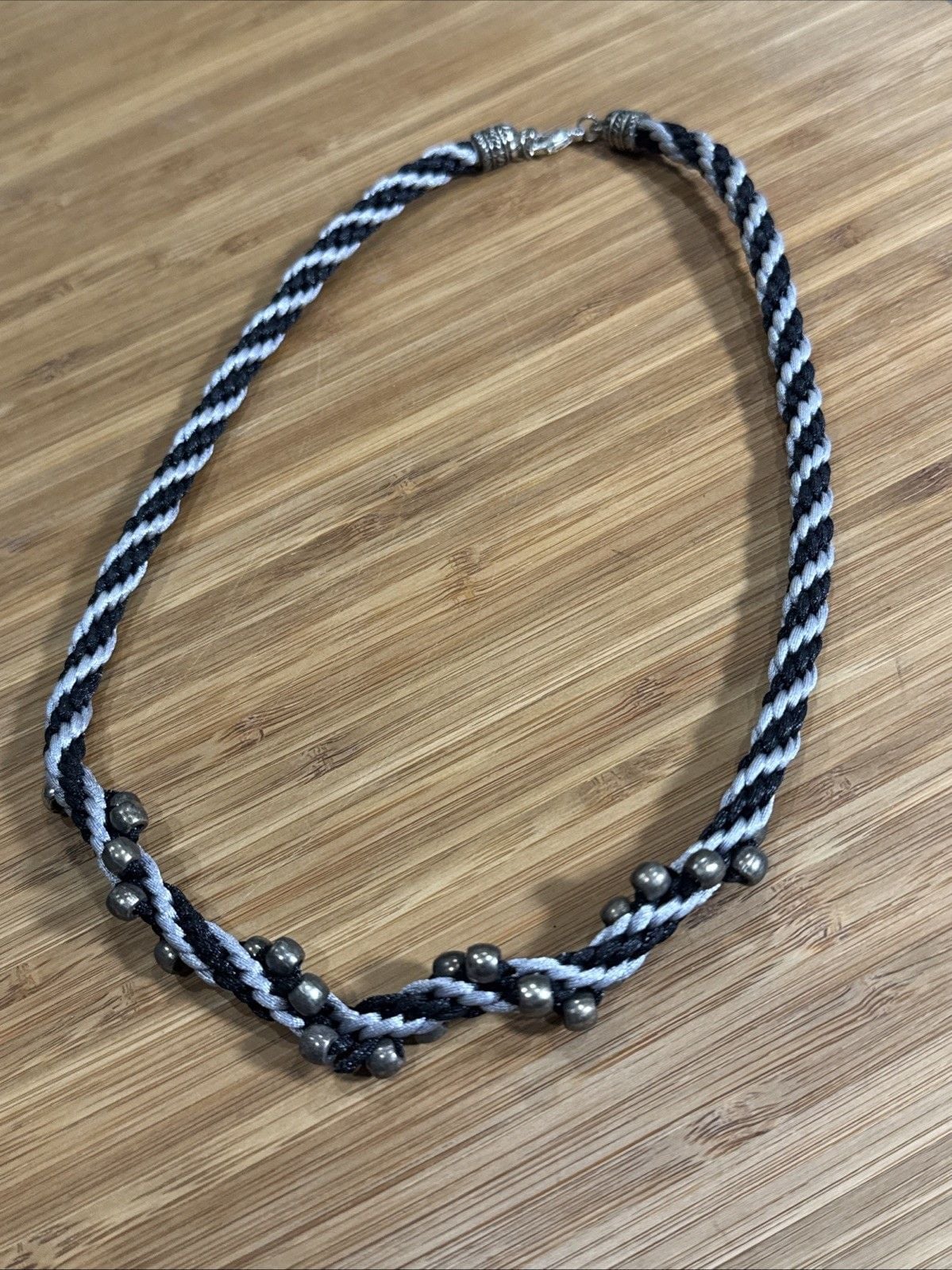 Black Silver Braided Cord Beaded Necklace Gunmetal Goth Witch Halloween Boho 5