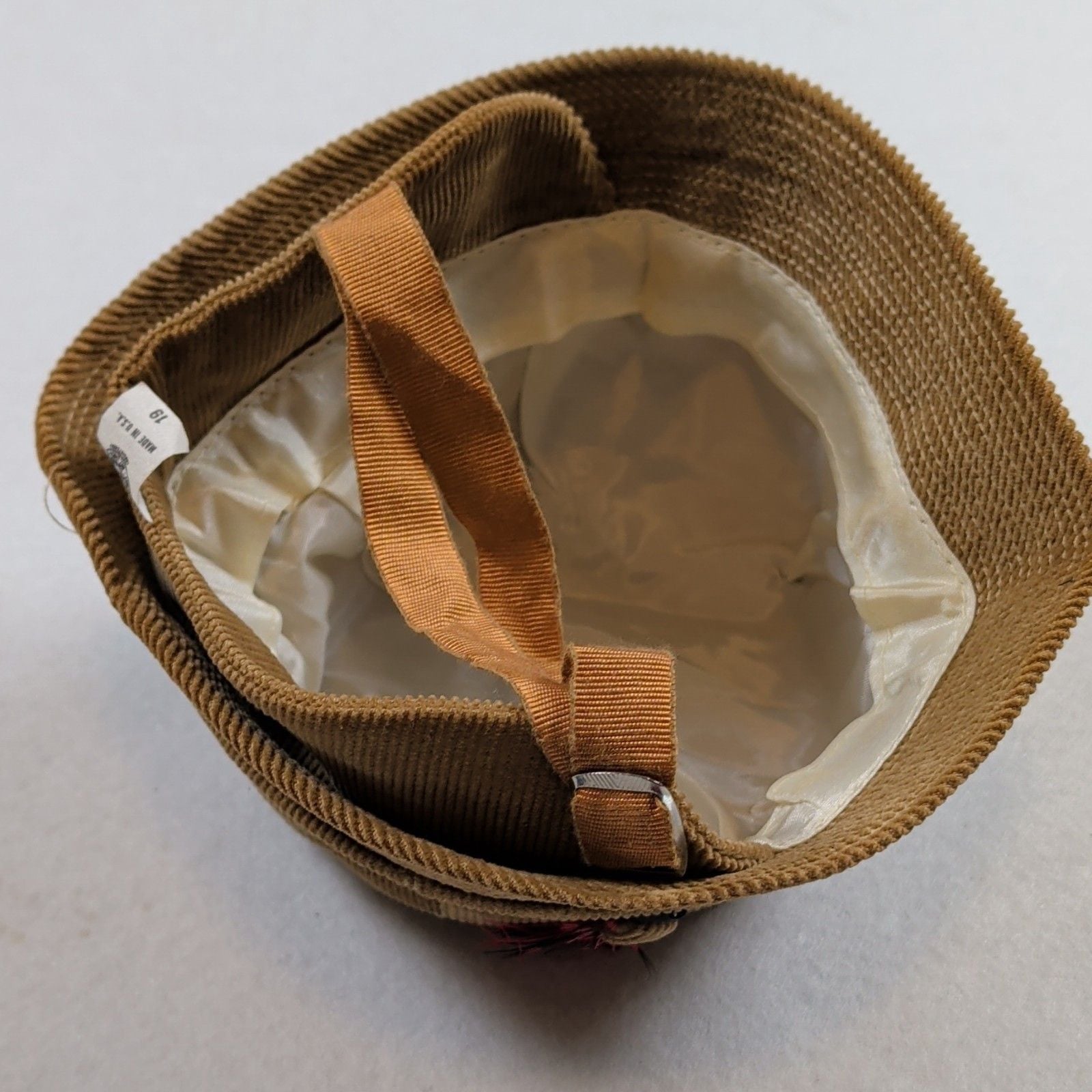 Child's Brown Corduroy Cloche Hat w/ Feather Accent Lined 7