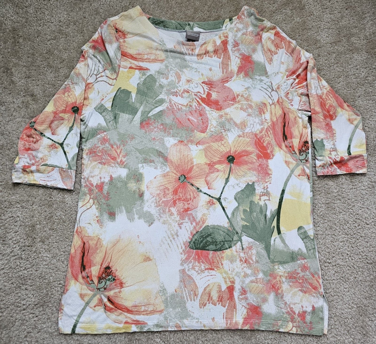 Chico's Women's Size 3 XL Floral Watercolor Tunic Top 3/4 Sleeve Multicolor 2