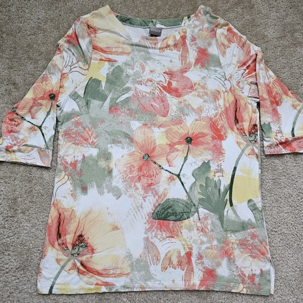 Chico's Women's Size 3 XL Floral Watercolor Tunic Top 3/4 Sleeve Multicolor