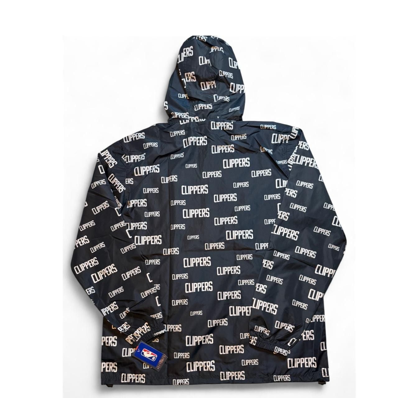 NBA LA Clippers black windbreaker with white 'CLIPPERS' text repeating across the fabric size XLT dimensions in the pictures brand new with tags. 7