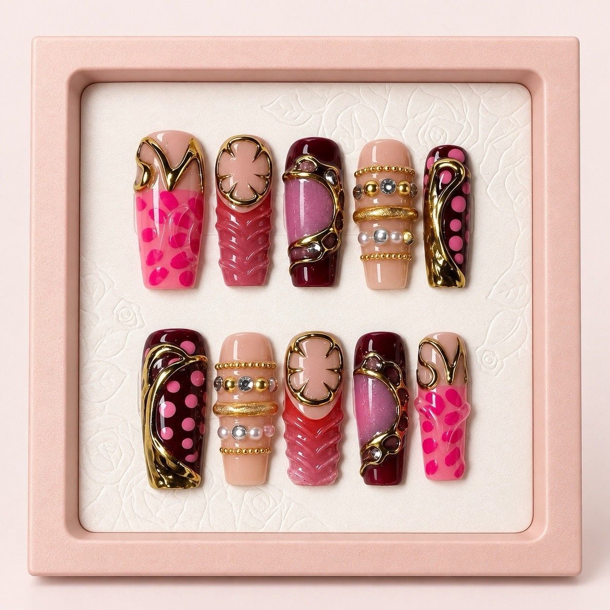Reusable Pink Gold Press On Nails Size S Square Rhinestone 3D Set #009 1