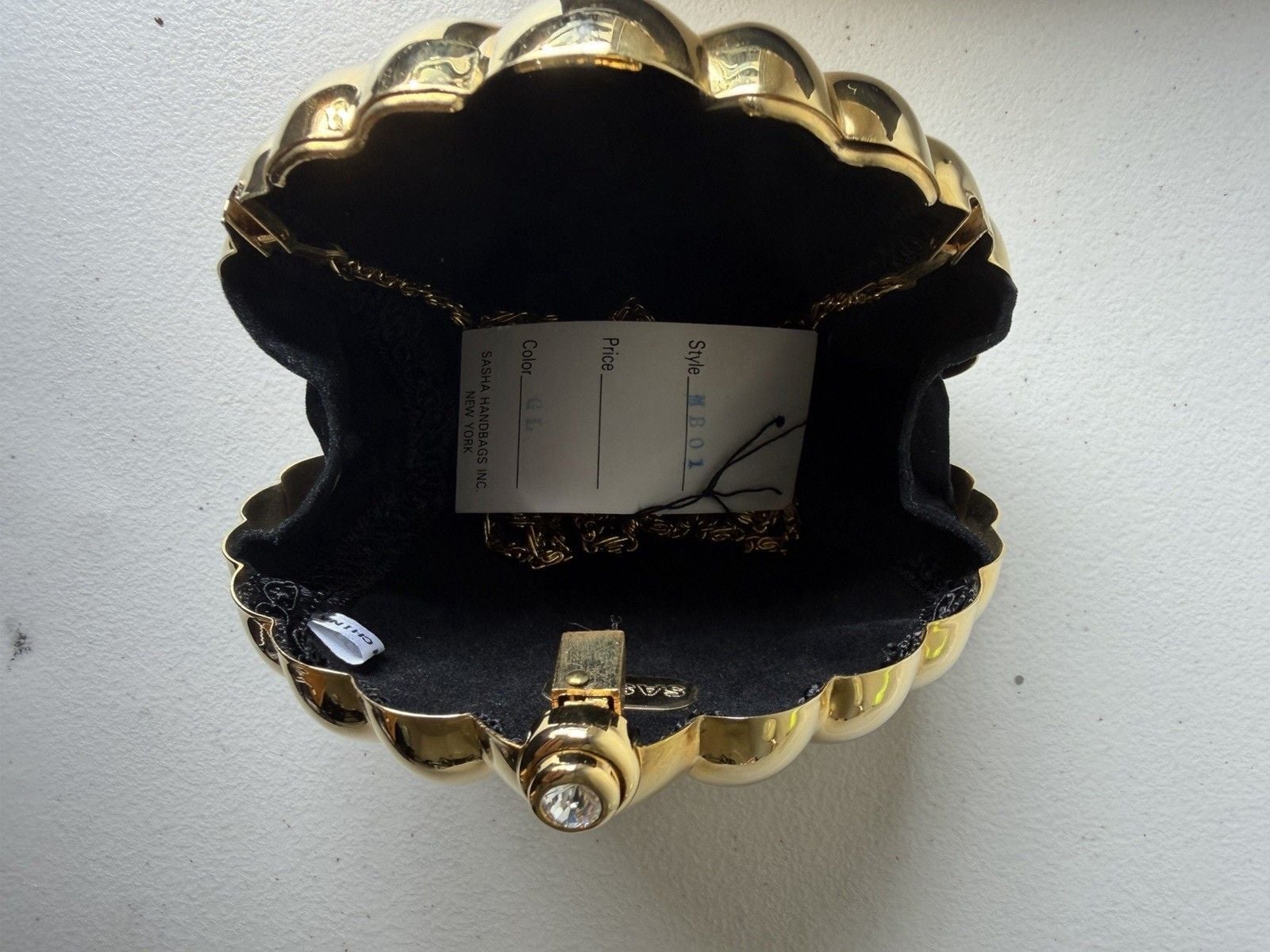 Sasha Gold Metallic Seashell Clutch w/ Rhinestone Accents Chain Strap 2