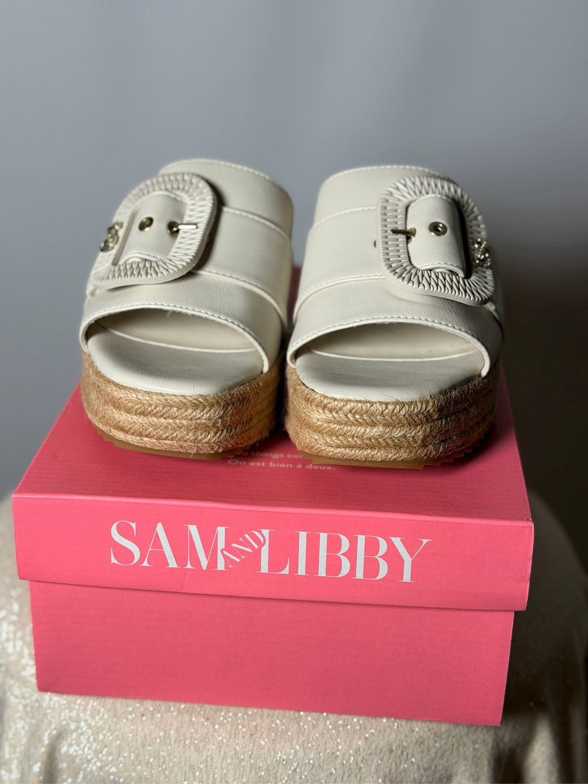 Sam & Libby Ivory Buckle Platform Espadrille Wedge Slide Sandals 3