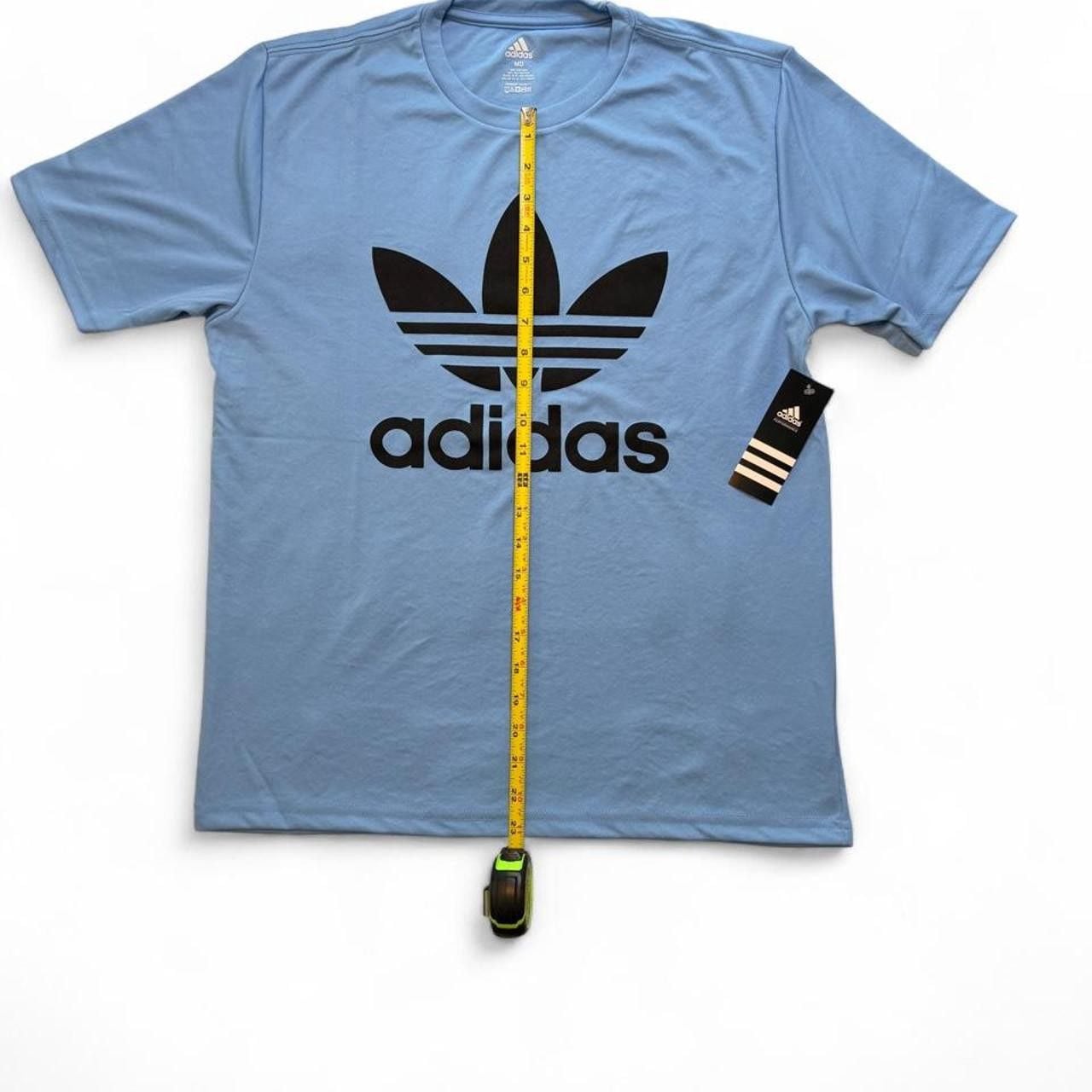 Adidas Originals blue polyester & cotton t-shirt with black trefoil logo size medium dimensions are in the pictures brand new with tags. 3