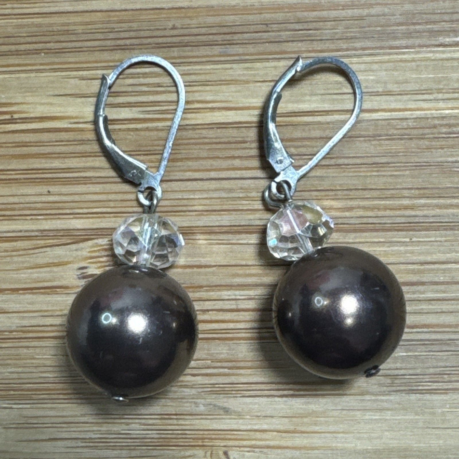 Sterling Silver Bronze Faux Pearl Crystal Dangle Leverback Earrings Marked 925 4