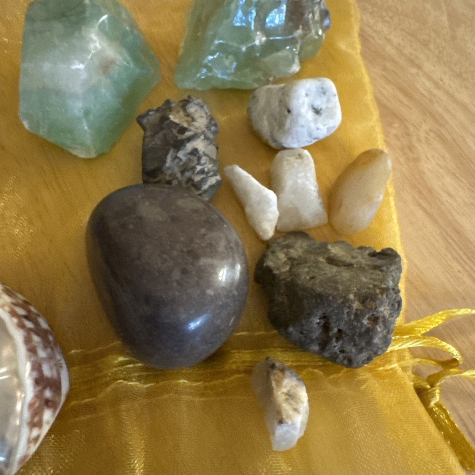 Natural Crystal & Stone Bundle – Raw Green Crystals, Seashell, Pouch 5