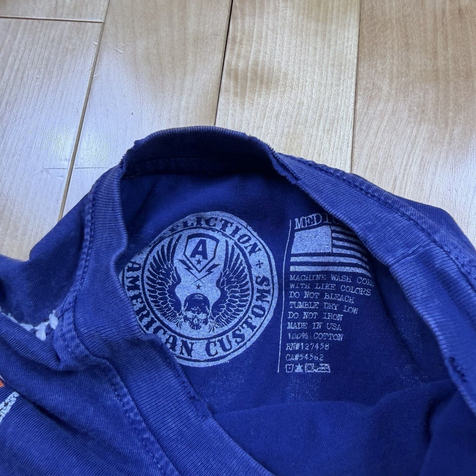 Affliction American Customs T Shirt Mens M Blue Motorcycle 1973 Y2K Made USA 6